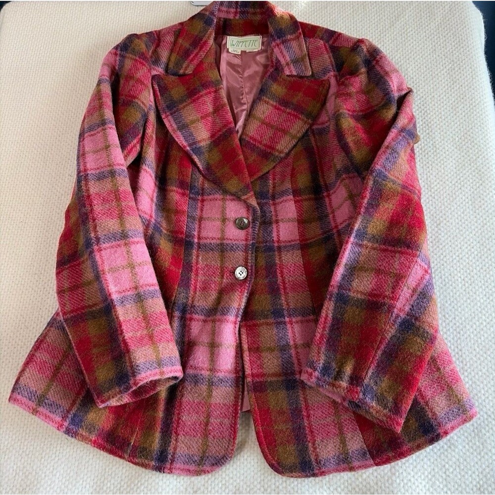 Vintage Wippette Plaid Blazer, Size 13, Pink & Multi-Color Wool Blend Jacket